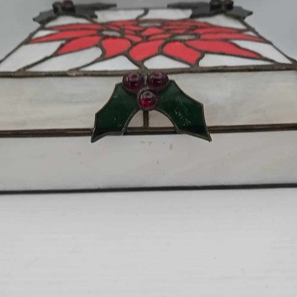 Leaded Stained Glass Hinged Jewelry Box With‎ Christmas Poinsettia